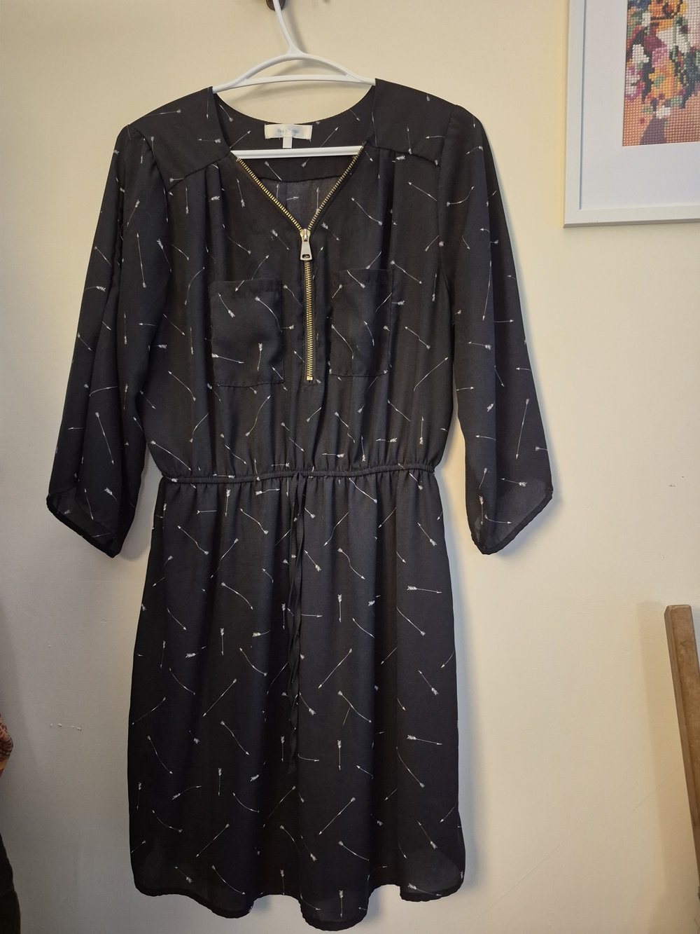Stella Tweed Black Mini Dress with Gold Zip & Subtle White Print